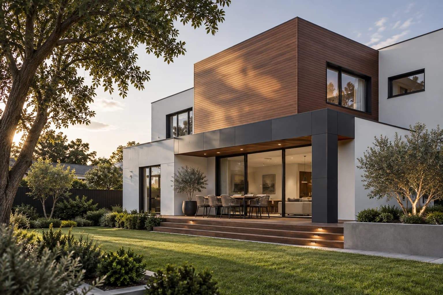 Garden-side view of a timber and white-render residence