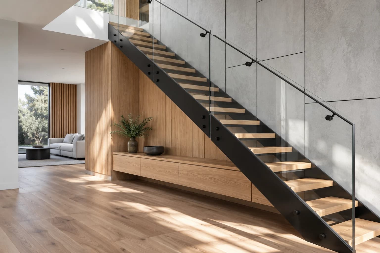 Black steel stair with pale oak joinery and concrete wall