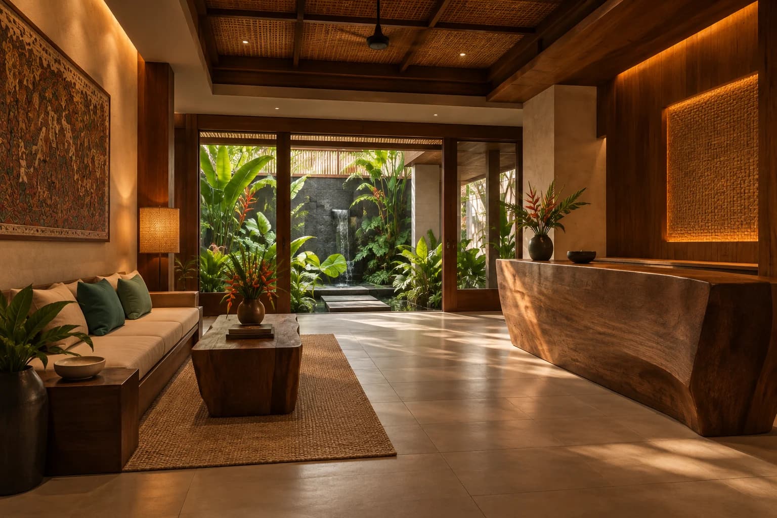 Timber reception desk and garden-facing hotel lobby