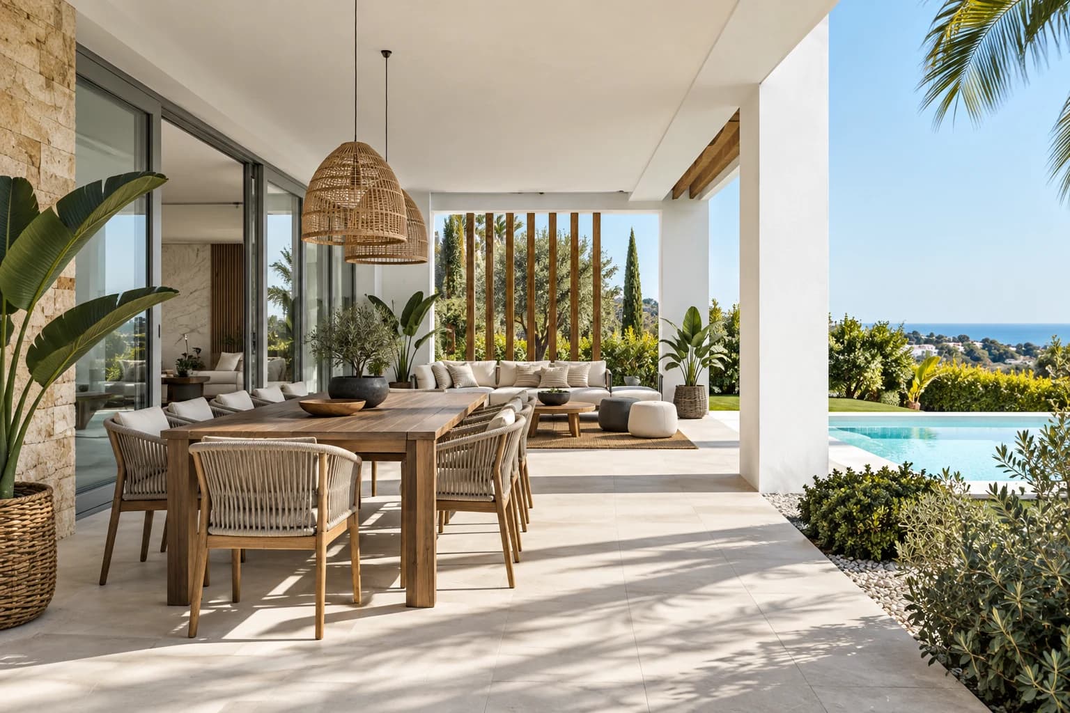 Covered white terrace with timber furniture beside a pool