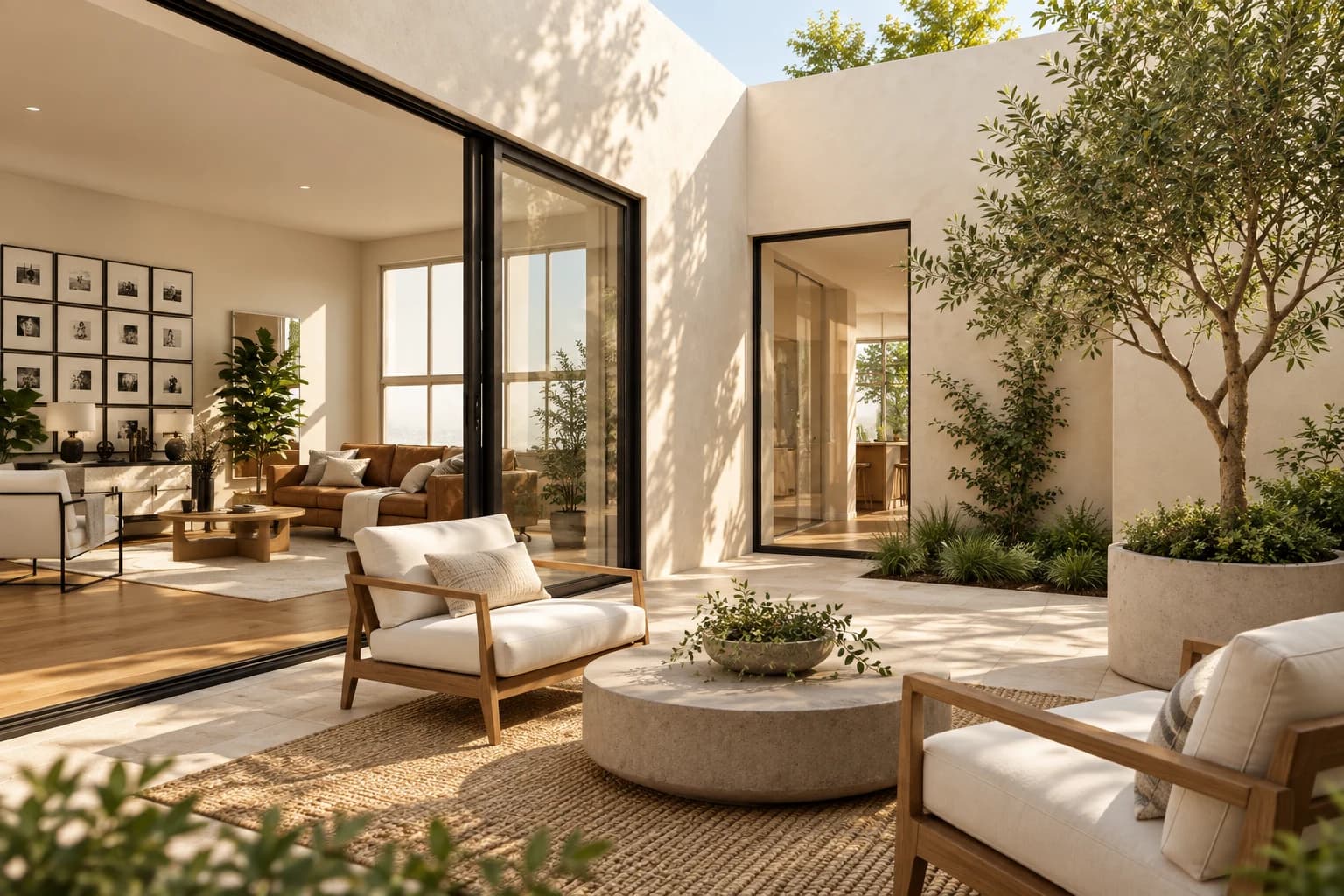 Planted courtyard connected to a family living room