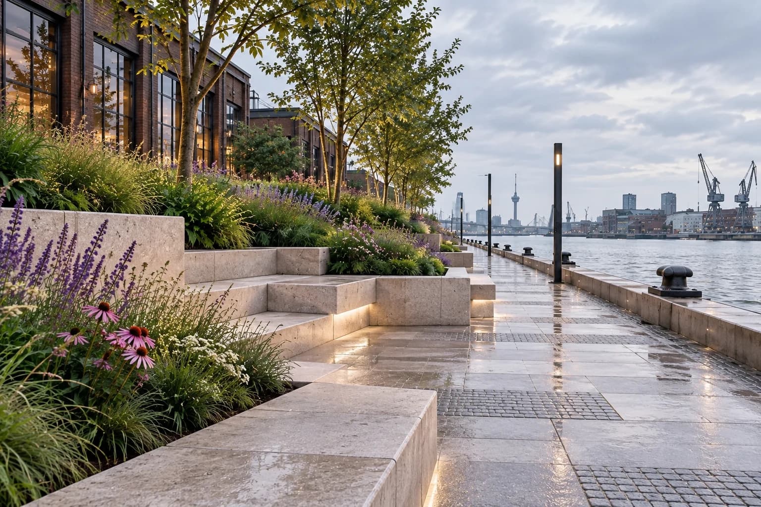 Stone seating and rain gardens along a public waterfront